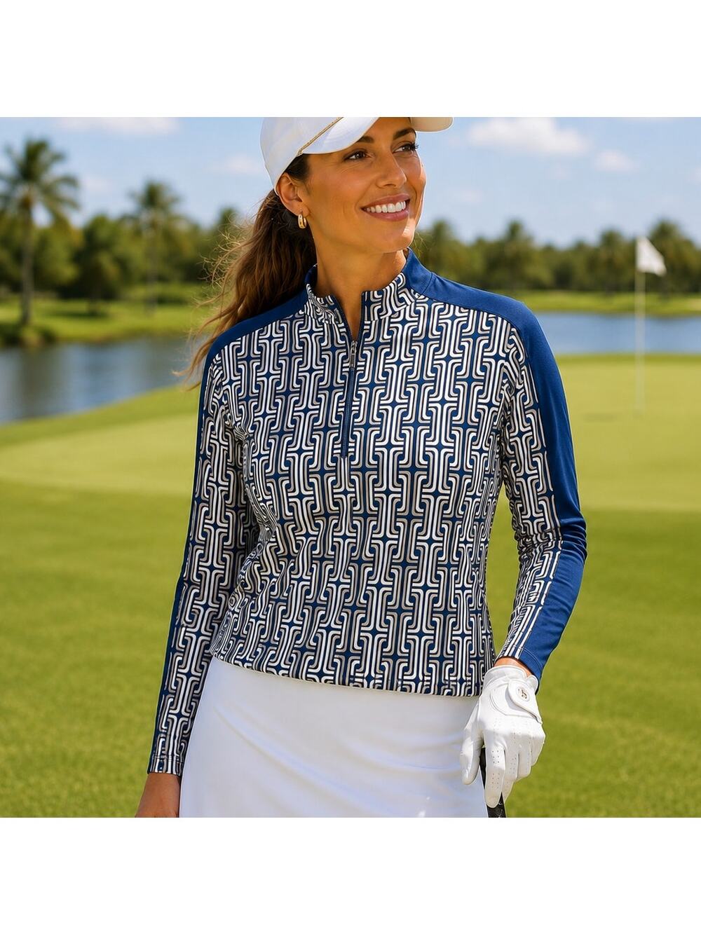 Tail Activeware Golf Top 1/4 Zip Blue Geometric Long Sleeve Mock Neck XXL
